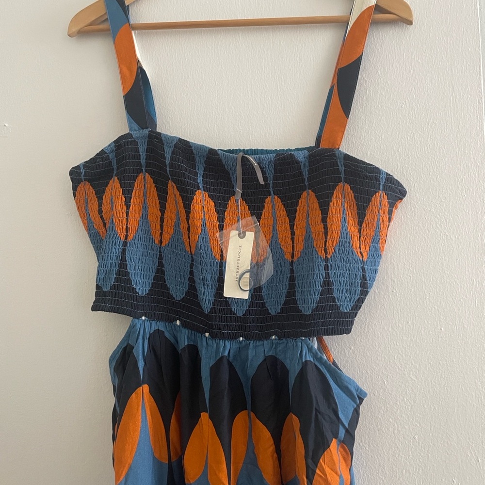 Anthropologie Blue & Orange Patterned Jumpsuit Romper